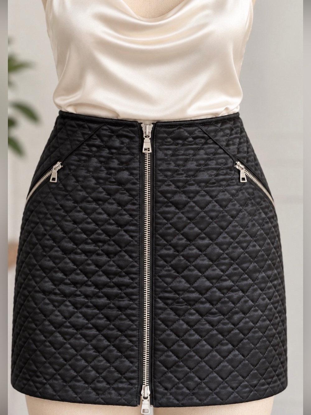 Laundry Shelli Segal Black Quilted Mini Skirt Front Zipper and Pockets Size 10